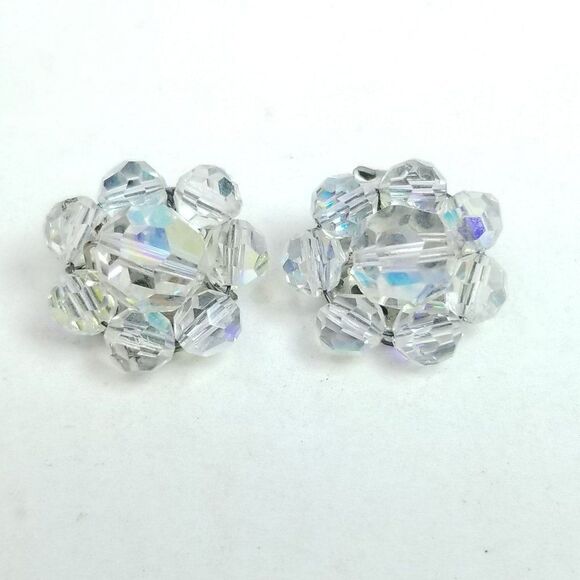 Vintage AB Glass Beaded Cluster Clip On Earrings, 50s 60s Style, Rainbow Finish - Picture 5 of 5